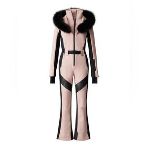 Women's Pink and Black Jumpsuit with Fur Trim